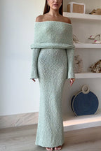 Off Shoulder Long Sleeves Bodycon Knit Maxi Dress