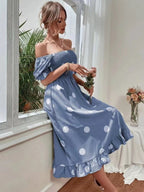 Square Collar Polka Dots Short Sleeve Ruffle Vacation And Leisure Maxi Dresses