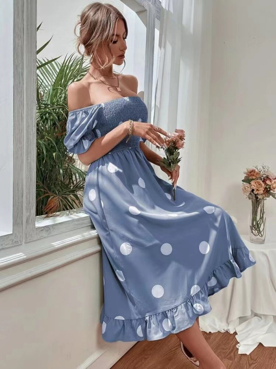 Square Collar Polka Dots Short Sleeve Ruffle Vacation And Leisure Maxi Dresses