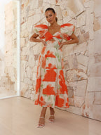 Printed Puff Sleeve Sweetheart Collar Vacation Maxi Dresses