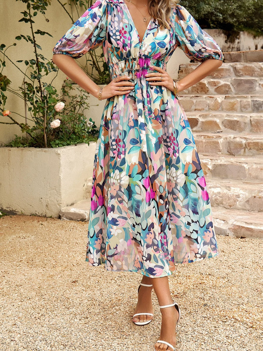 Floral Short Sleeve V-neck Vacation And Leisure Maxi Dresses