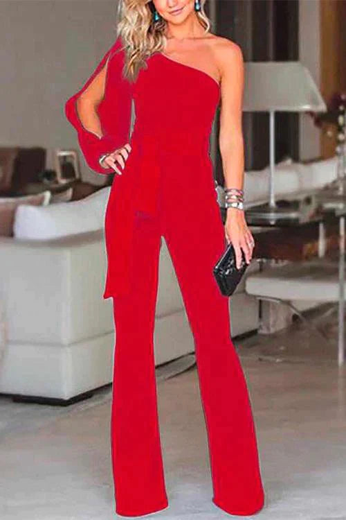 One Shoulder Slit Sleeve Tie Knot Jumpsuit