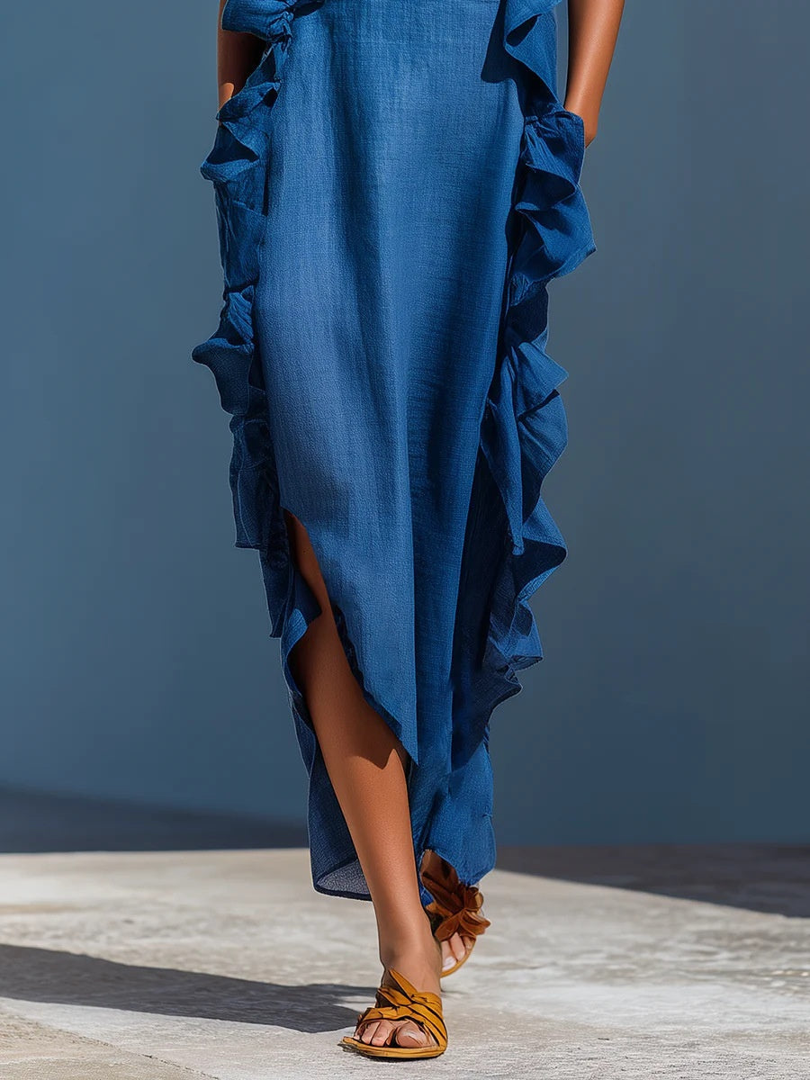Resort-style Sleeveless Backless Long Dress With Ruffles