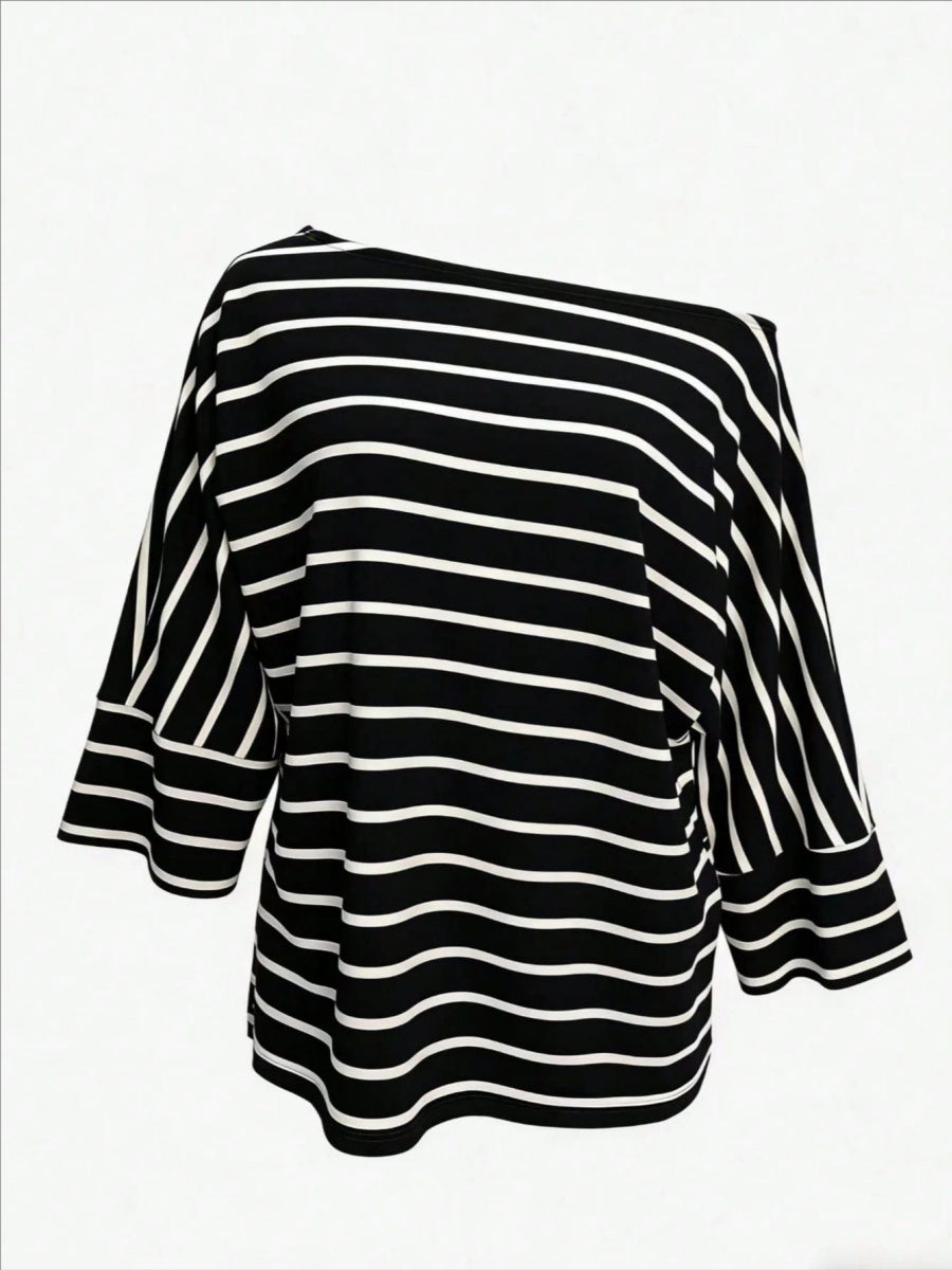Off-shoulder Sloping Shoulders Loose-fit Stripes Commuting T-shirts