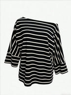 Off-shoulder Sloping Shoulders Loose-fit Stripes Commuting T-shirts