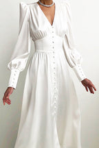 Deep V-Neck Bishop Sleeve Button Front Smocked Waist Midi Dress