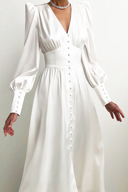 Deep V-Neck Bishop Sleeve Button Front Smocked Waist Midi Dress