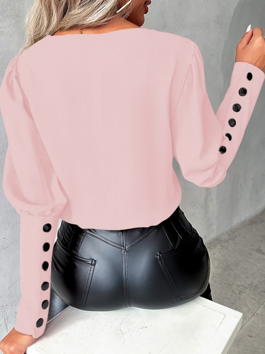 V-neck Solid Color Long-sleeved Button-down Women's Shirt