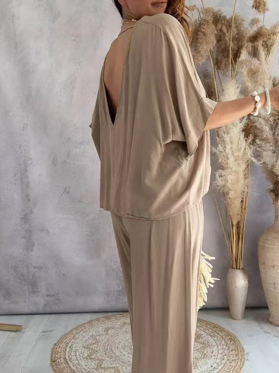 V-neck Batwing Sleeve Casual Loose Wide-leg Pants Two-piece Set