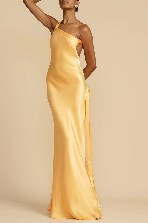 Zippered Single Shoulder Satin Maxi Dresses