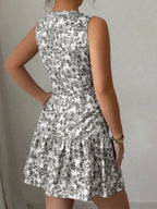 Bohemian Style French Elegance Floral Print Sleeveless Belted Short Dress