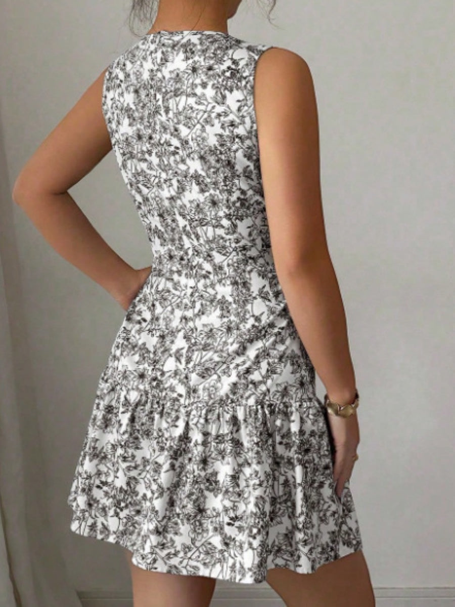 Bohemian Style French Elegance Floral Print Sleeveless Belted Short Dress