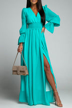 V Neck Long Sleeve Smocked Waist Maxi Slit Dress