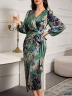 Printed V-neck Cardigan With Belt Midi Dresses