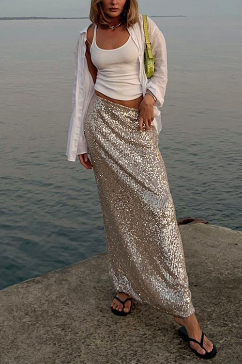 Elastic Waist Sequin A-line Maxi Skirt