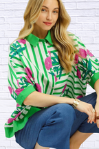 Umgee Mix Floral Stripe Button Down Top