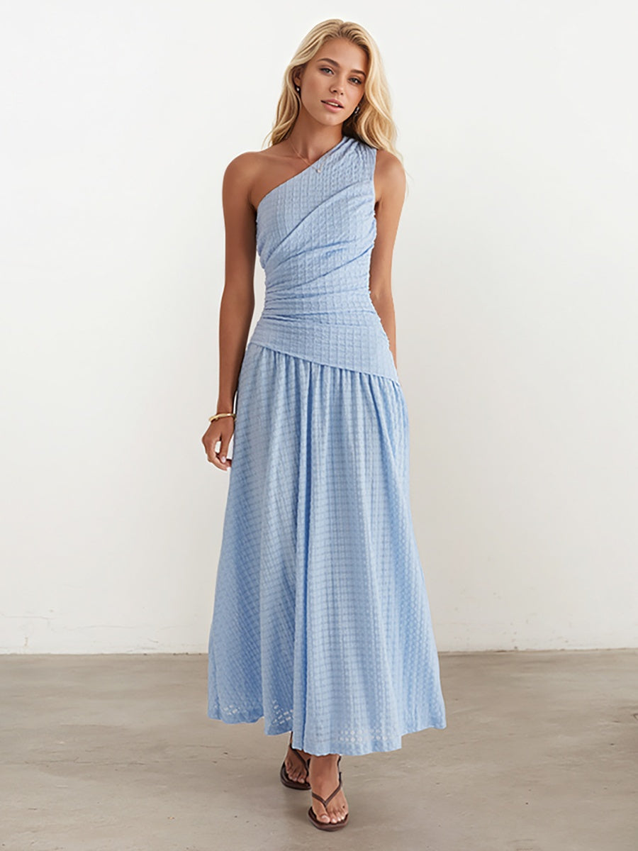 Sloping Shoulders Blue Asymmetrical Instagram Style Maxi Dresses