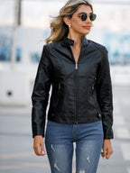 Street Cool Thin Stand Collar Zipper Leather Jacket