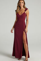 Deep V-Neck Ruffle Strap Thigh Slit Floor Length Maxi Dress