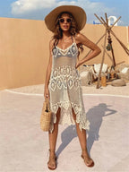 Openwork Crochet Beach Dress, Vacation Style, Short In The Front And Long In The Back, Swallowtail Beach Cover-up