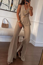 V Neck Button Up Vest Top and Slit Wide Leg Pants Linen Suit Set