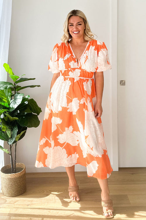 Abstract Geometric Print Deep V-Neck Puff Sleeve Cinched Waist Maxi Dress