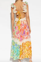 V Neck Open Back Ruffle Trim Color Block Floral Maxi Holiday Dress