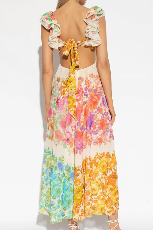 V Neck Open Back Ruffle Trim Color Block Floral Maxi Holiday Dress