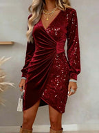 V-neck Sequin Velvet Splicing Slim Fit Mini&Short Dresses