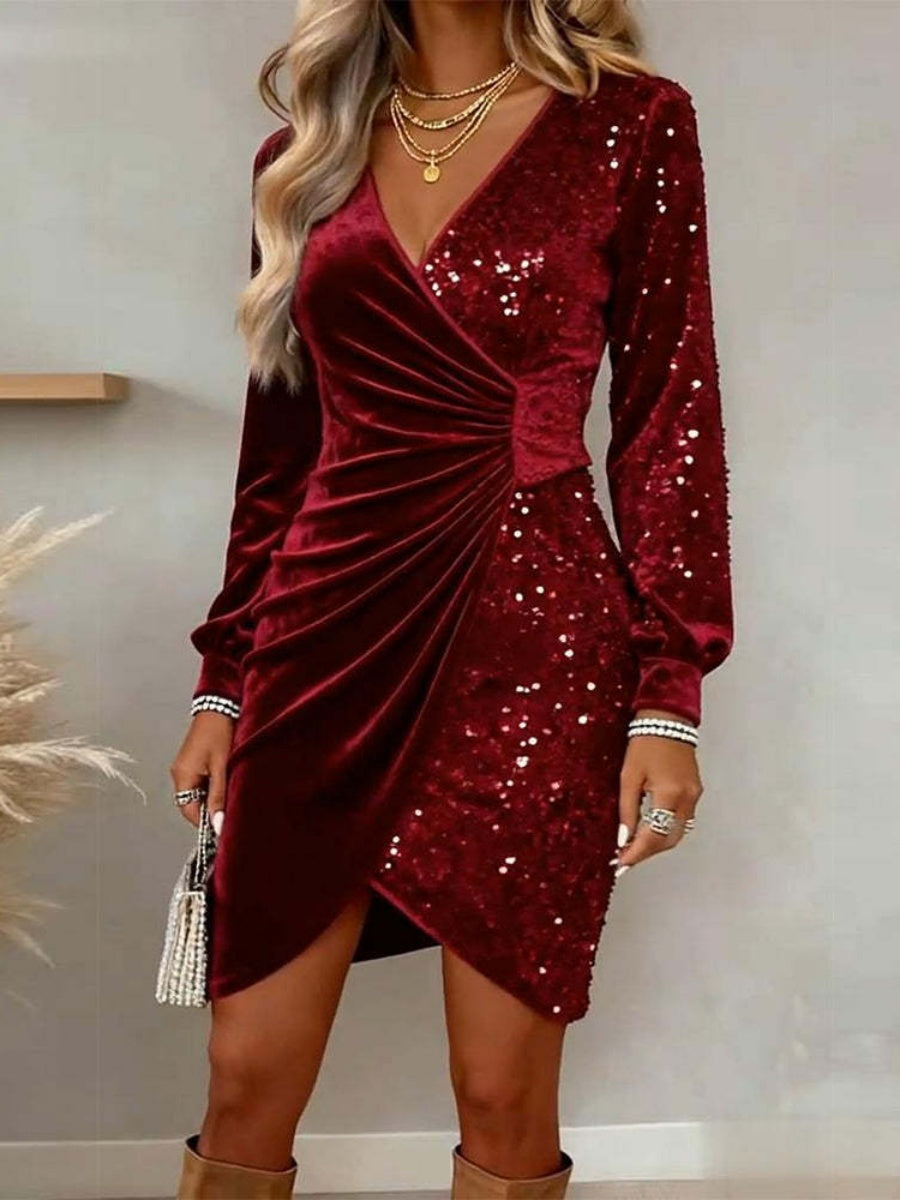 V-neck Sequin Velvet Splicing Slim Fit Mini&Short Dresses