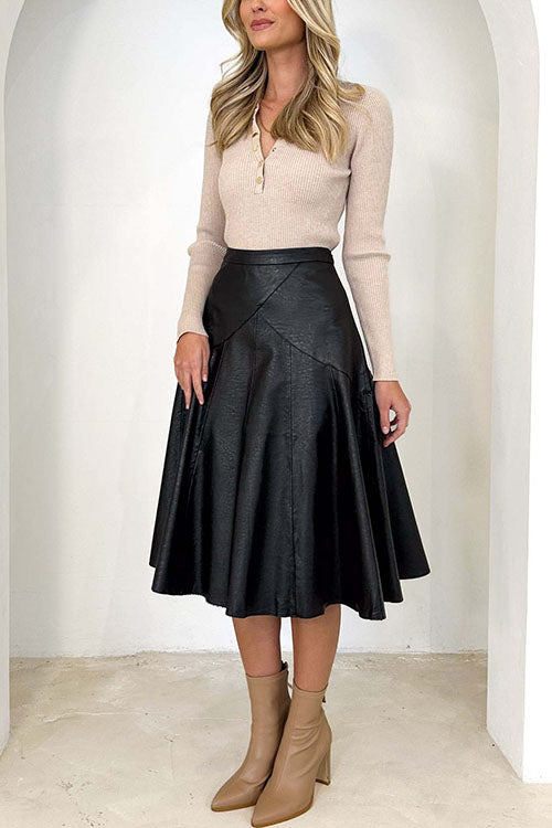 High Waist Faux Leather A-line Flare Midi Skirt