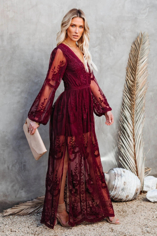Lace Floral Embroidery Deep V-Neck Bishop Sleeve High Split Sheer Maxi Dress