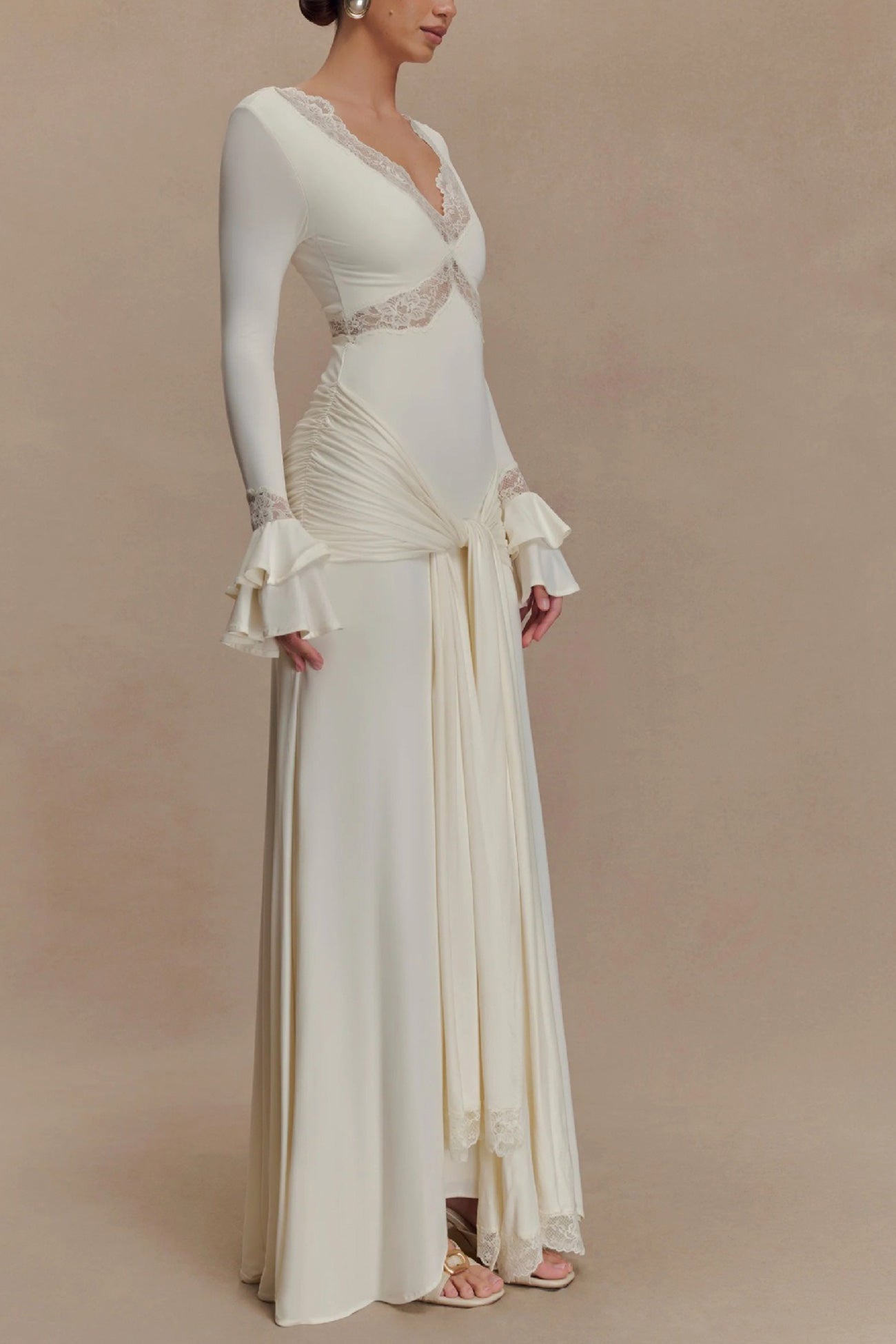 Lace Trim Deep V-Neck Ruffle Cuff Side Tie Long Sleeve Maxi Dress