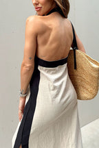 Halter Backless Side Split Color Block Cotton Linen Maxi Dress