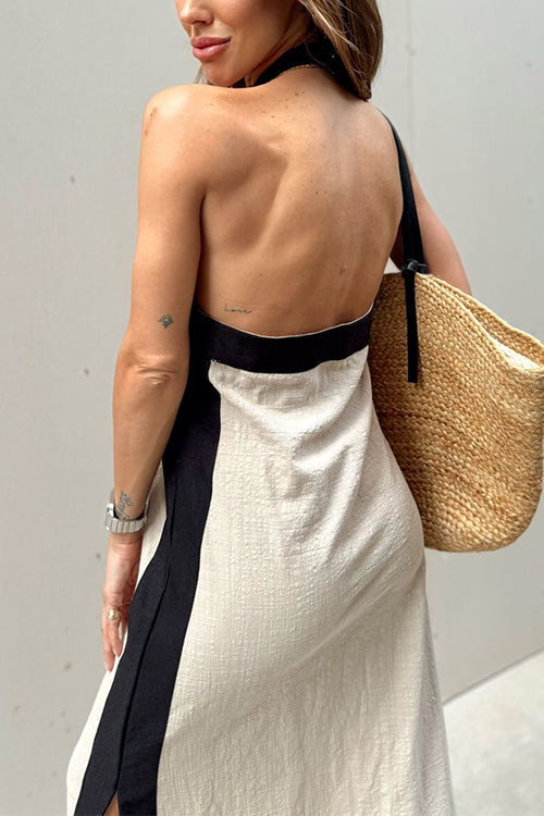 Halter Backless Side Split Color Block Cotton Linen Maxi Dress