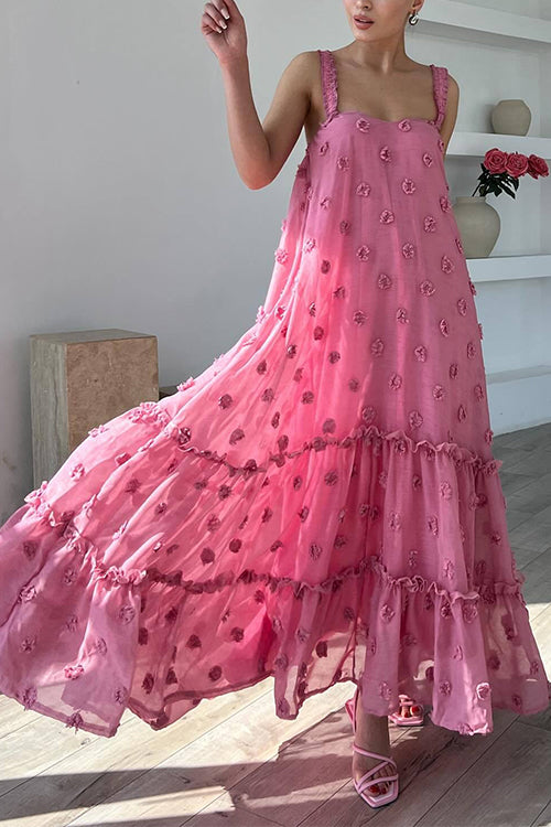 Floral Appliques Ruffle Trirm Swimg Maxi Cami Dress
