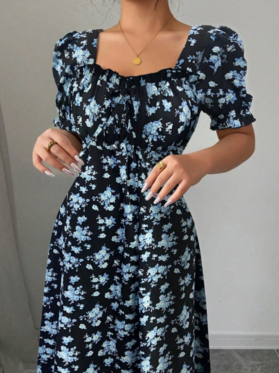 Floral Short Sleeve Square Collar Ruffle Vacation And Leisure Maxi Dresses