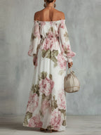 Off Shoulder Balloon Sleeve All-over Print Maxi Dresses