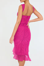 Crew Neck Ruched Mesh Bodycon High Slit Tiered Ruffle Hem Midi Dress