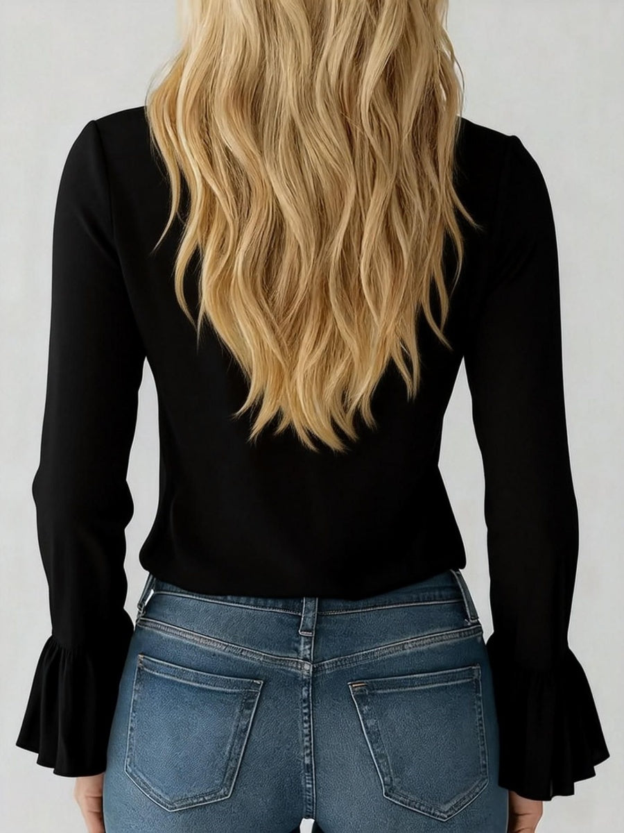V-neck French Ruffle Puff Sleeve Chiffon Blouse