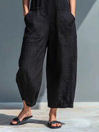 Simple Linen Blend Button-down Stand Collar Sleeveless Loose-fitting Jumpsuit