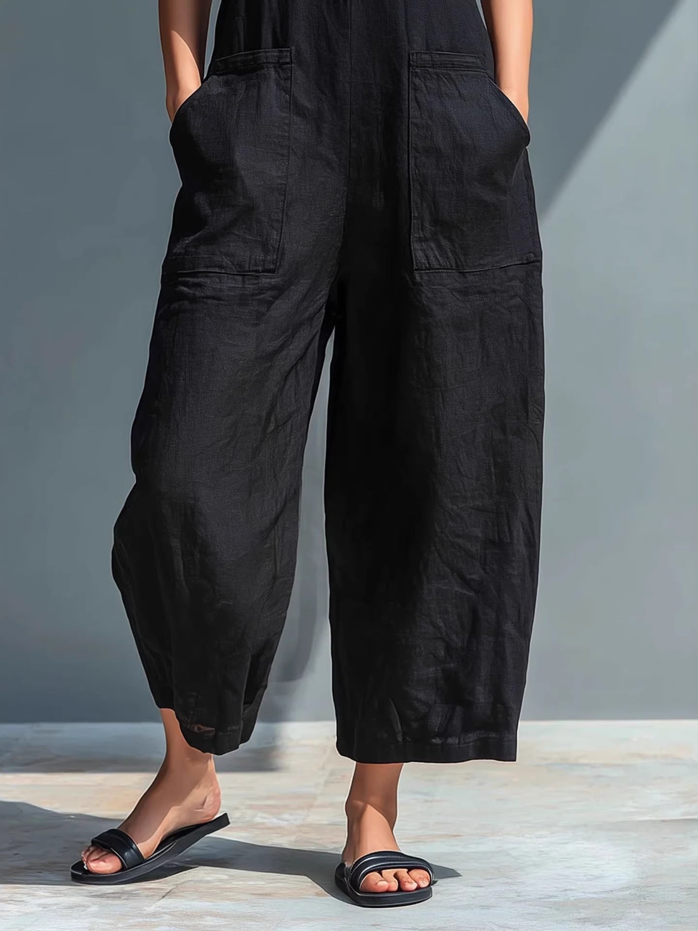 Simple Linen Blend Button-down Stand Collar Sleeveless Loose-fitting Jumpsuit
