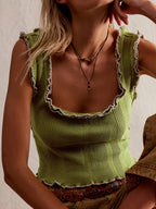 Wood Ear Square Neck Knit Tank Tops&Camis