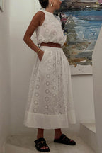 Elastic Waist Lace Hollow Out Pocketed Maxi Skirt