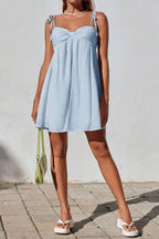 Tie Shoulder Sweetheart Gathered Bust Knot Detail Empire Waist Babydoll Mini Dress