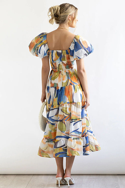 Off Shoulder Smocked Tiered Abstract Circle Print Maxi Dress