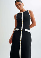 Ribbed Knit Contrast Trim Button Front Pocket Flap Sleeveless Midi Dress