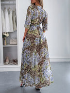 Printed Straps V-neck Short Sleeve Slit Maxi Dresses