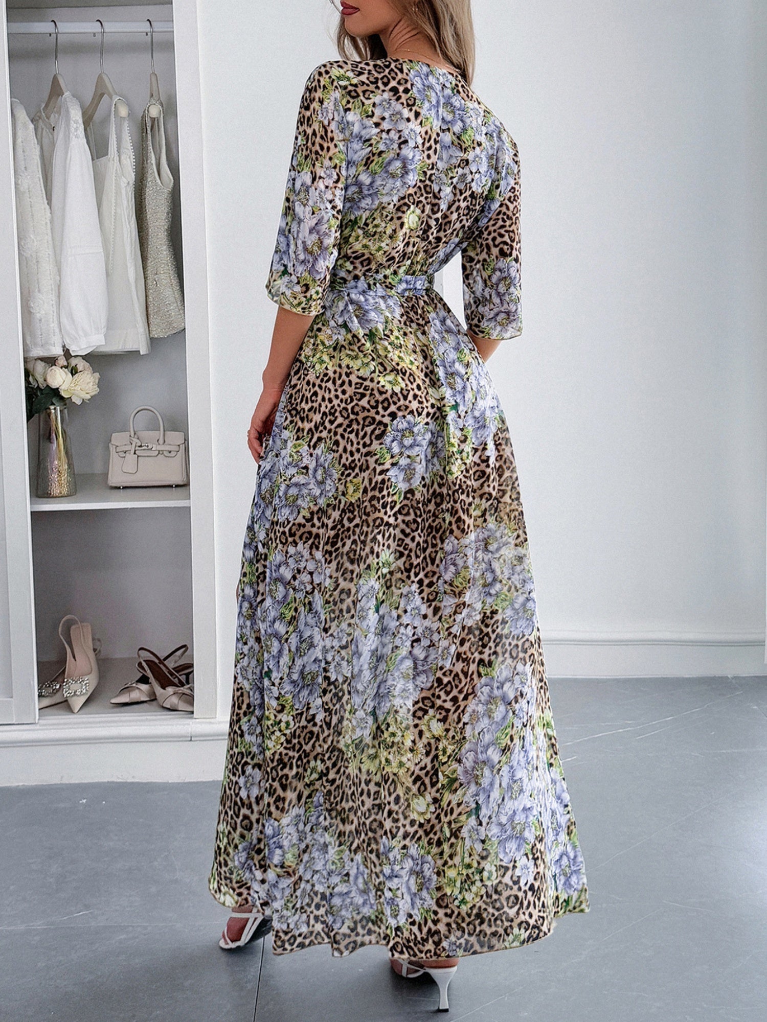 Printed Straps V-neck Short Sleeve Slit Maxi Dresses
