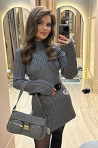 Long Sleeve Ribbed Knit Slit Cuff Bodycon Mini Dress